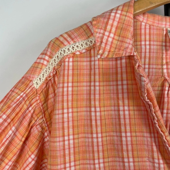 Intimately Free People Orange Pink Plaid Button Down Collared Long Sleeve Blouse - Picture 4 of 8
